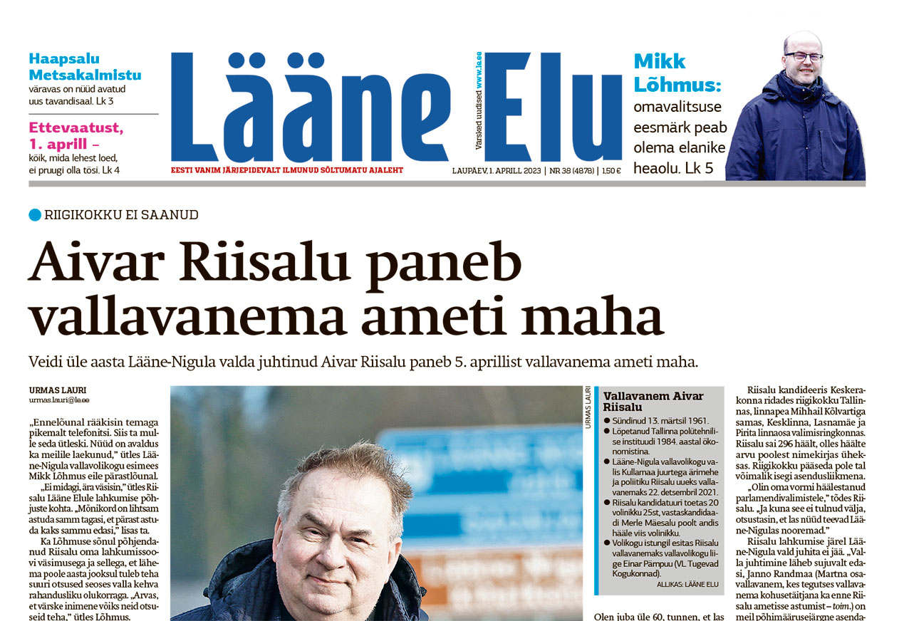 Lääne Elu paberleht laupäeval, 1. märtsil Lääne Elu paberleht laupäeval, 1. märtsil