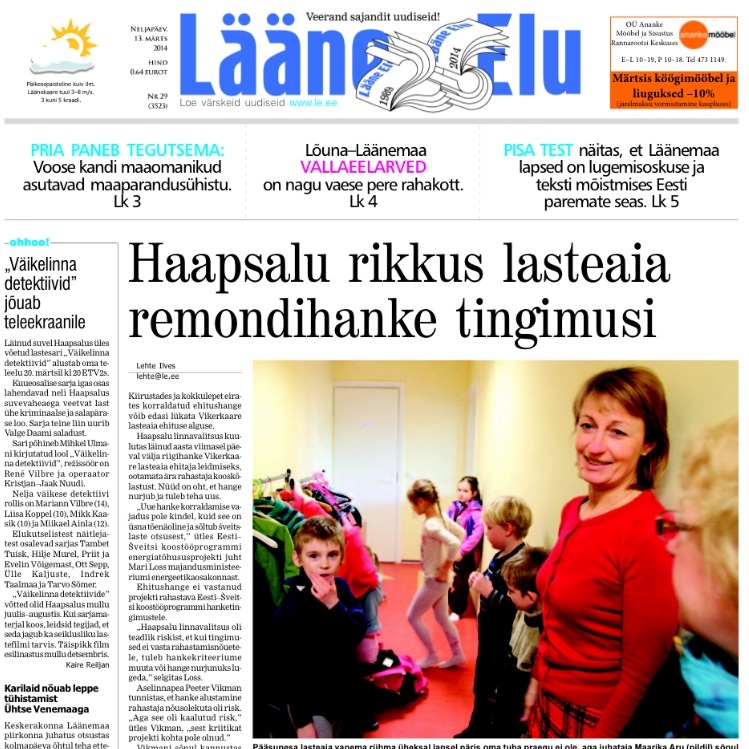 Lääne Elu paberleht neljapäeval, 13. märtsil Lääne Elu paberleht neljapäeval, 13. märtsil