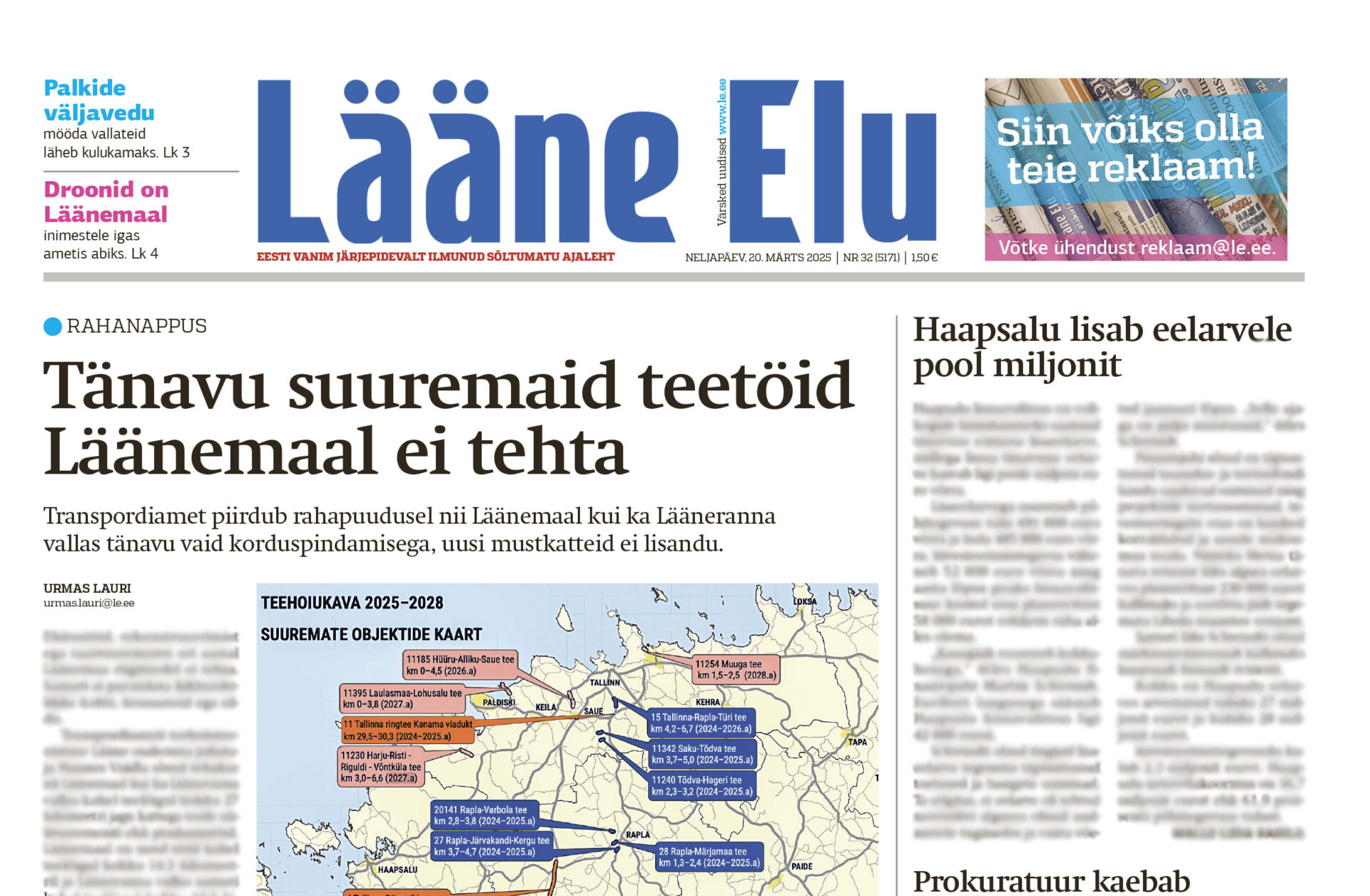 Lääne Elu paberleht neljapäeval, 20. märtsil Lääne Elu paberleht neljapäeval, 20. märtsil